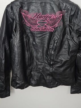 Vintage Harley Davidson Black Leather Zip Jacket with Pink Embroidery